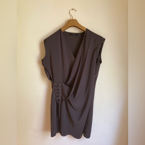 AllSaints - Aures Front Lace up Khaki Wrap Mini Dress - Picture 2 of 7